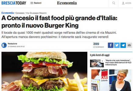Brescia TODAY Concesio: sabato apre il nuovo Burger King di via Mazzini „A Concesio il fast food più grande d'Italia: pronto il nuovo Burger King“