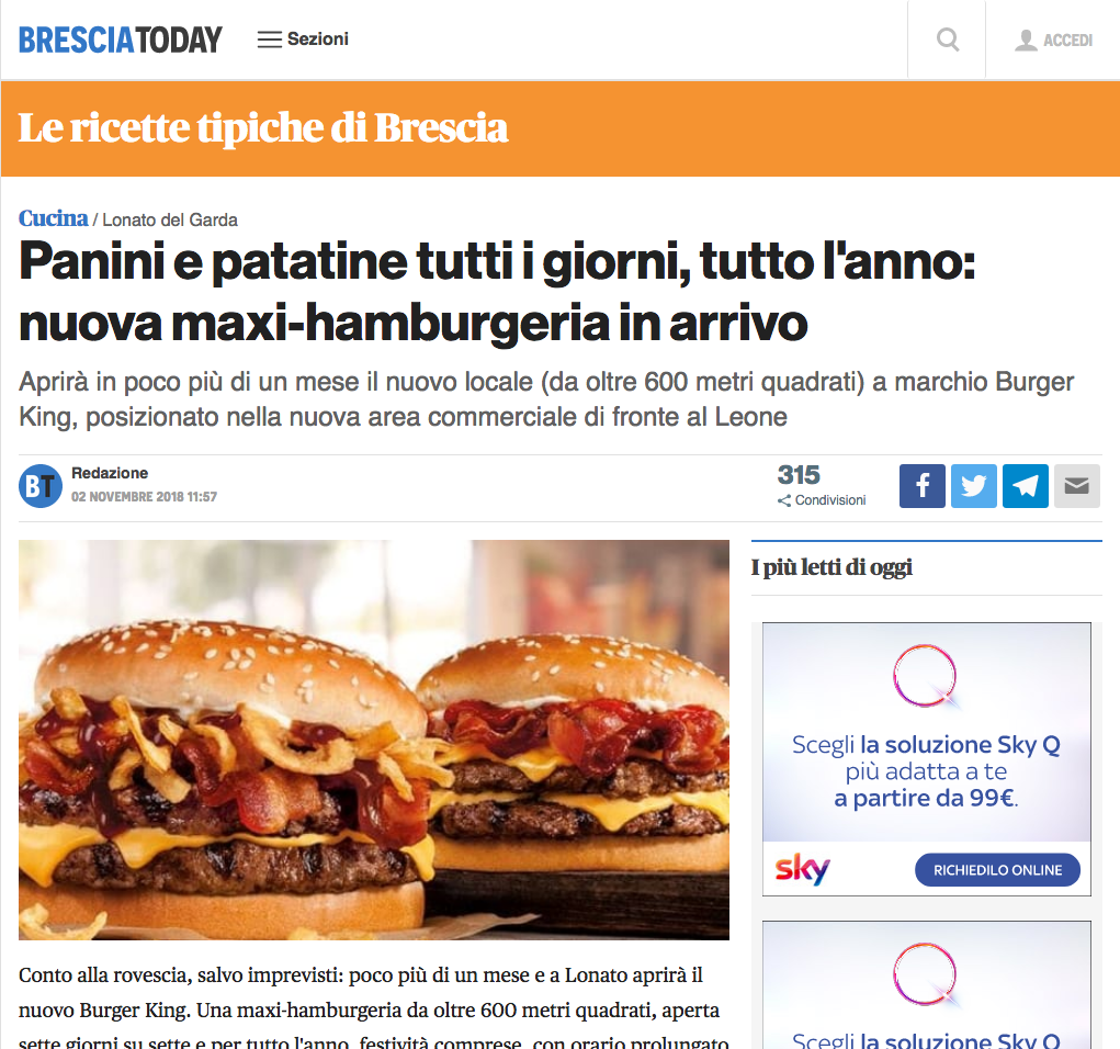 Lago di Garda: tra Lonato e Desenzano un nuovo Burger King da 600 mq „Aprirà in poco più di un mese il nuovo locale (da oltre 600 metri quadrati) a marchio Burger King, posizionato nella nuova area commerciale di fronte al Leone“